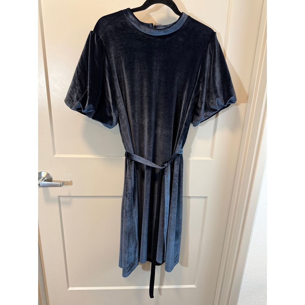 Sweet Salt Navy Blue Velvet Modest Puff Sleeve Midi Dress Size Large